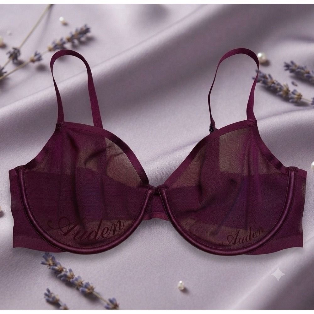 Auden Lightweight Mesh Underwire Bra Plum‎ Burgundy 36D Minimalist Sheer Support
